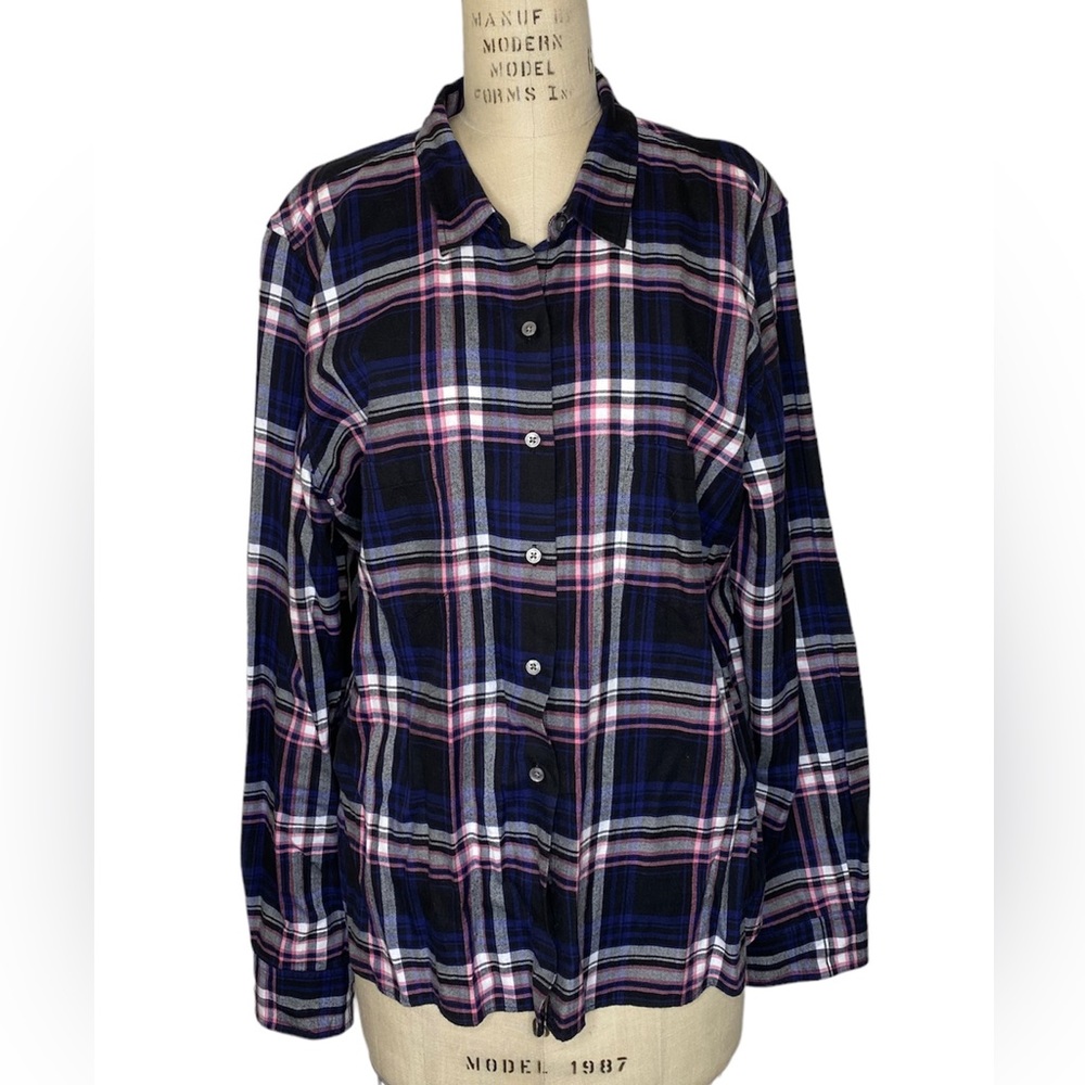 Untuckit Blue Pink Plaid Cotton Button Down Top